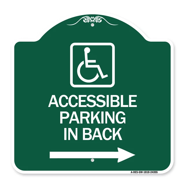 Designer Series - Accessible Parking on Right Arrow (With Graphic) Metal Sign