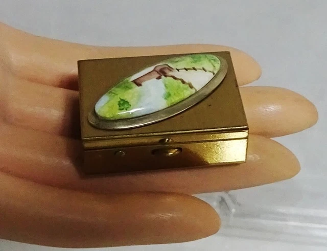 Vintage Hinged Lidded Brass Trinket Box Hand Painted Porcelain Scene Inset