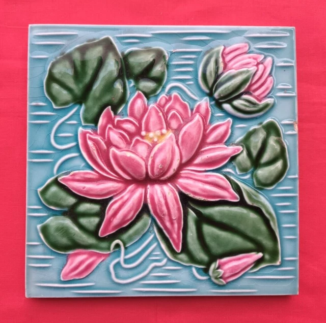 1 Piece Old Art Lotus Flower Design Embossed Majolica Ceramic Tiles Japan 0245