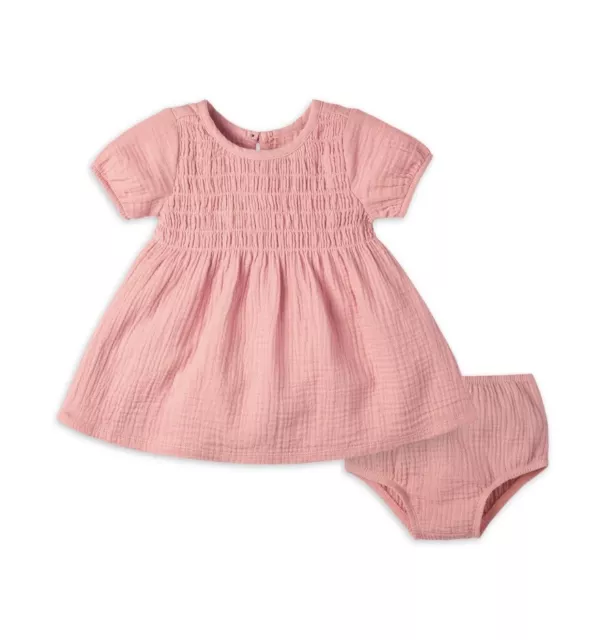 NWT~Modern Moments by Gerber Baby Girl PINK Smocked Gauze Dress w/ Diaper Cover