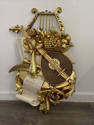 Syroco Homco Home Interiors 1971 Music Wall Plaque Mandolin Harp Gold Tone