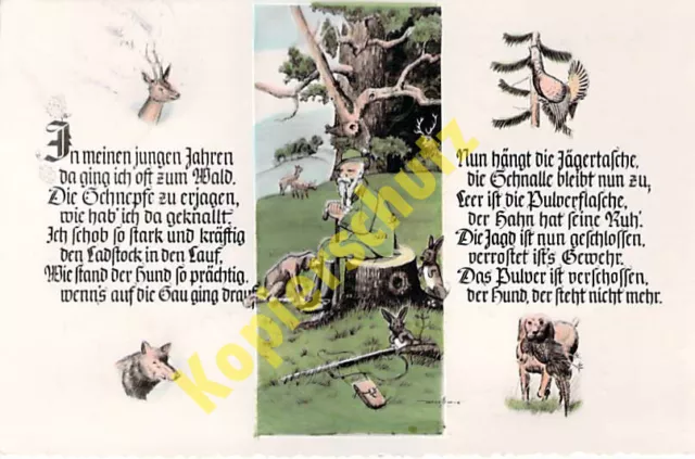 Künstler AK Lied Gedicht Spruch Waldtiere Jäger Jagd Reh Wolf  gelaufen 1961