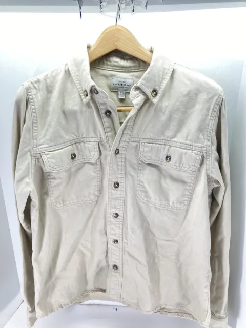 Lucky Brand Denim Shirt Men Size Medium Beige Khaki Button Long Sleeve Heavy