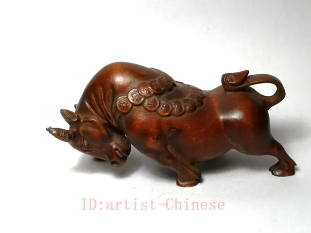Japanese boxwood hand carved ox Bull Coin Figure statue netsuke collectable Gift