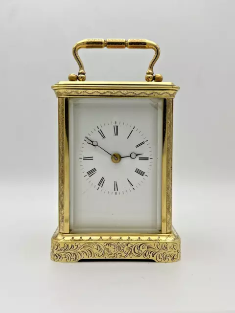 ANTIQUE GENUINE FRENCH ENGRAVED STRIKING BRASS CARRIAGE CLOCK by PONS - WORKING 2