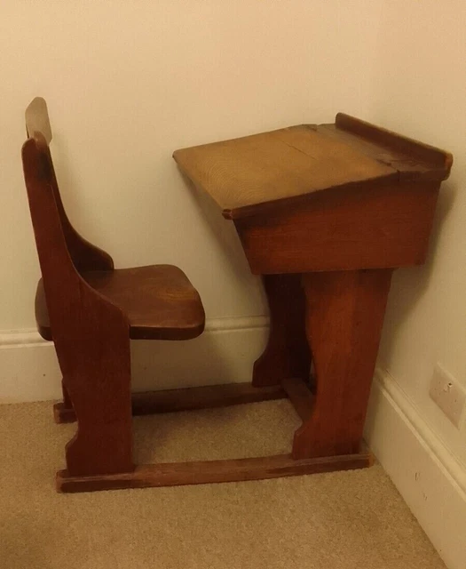 antique wooden childs school desk and chair