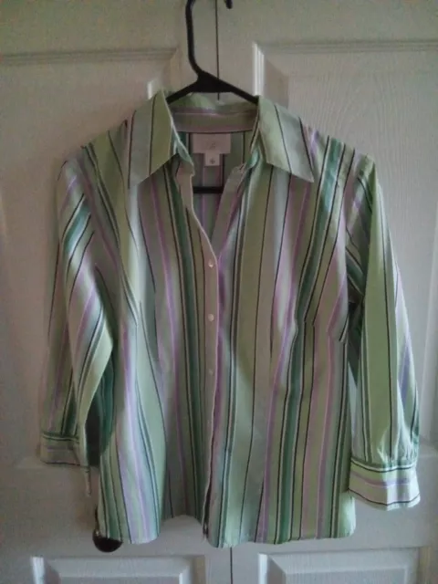 ANN TAYLOR LOFT Shirt Womens Sz 6 Green Striped Button Up Collar Long ...