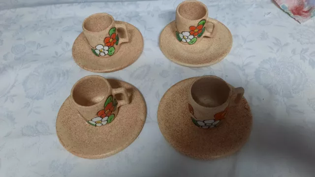 SERVICE en GRES de 4 TASSES CAFE/MOKA avec SOUCOUPES - DECOR EMAILLE FAIT MAIN V