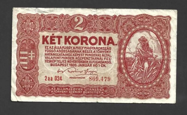 2 KORONA  VF-FINE  BANKNOTE FROM HUNGARY 1920  PICK-58a WITHOUT ASTERISK