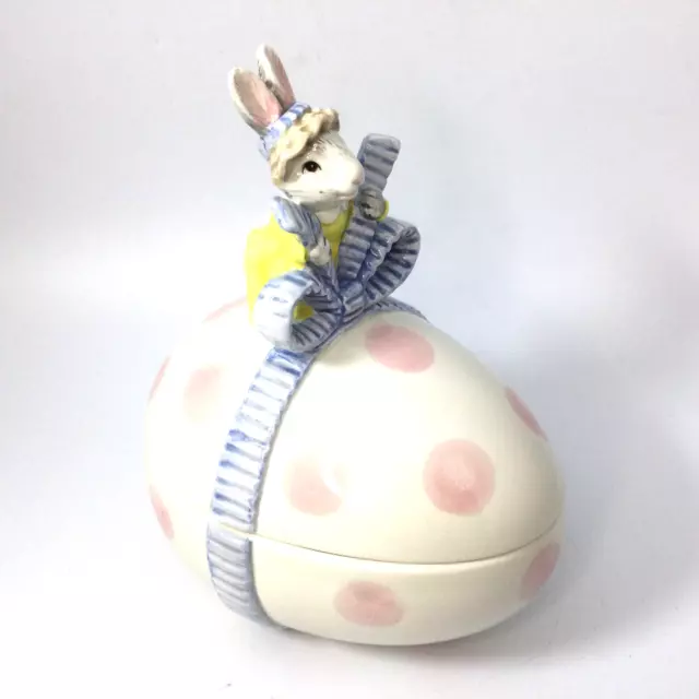 Vtg Fitz & Floyd Easter Bunny Rabbit Pink Polka Dot Egg Lidded Bowl 1990