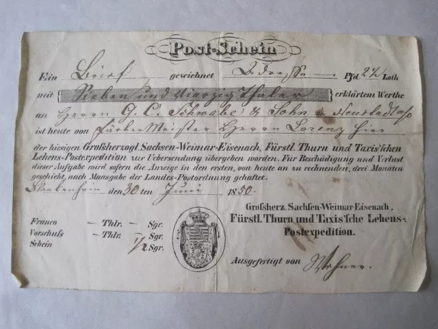 Thurn und Taxis, Postschein 1850,  Sachsen-Weimar-Eisenach Lehens Postexpedition