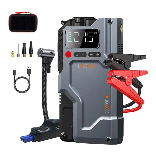 Booster Batterie Voiture 6000A Avec Gonfleur 160PSI - Démarreur Moteur Essence/Diesel Jusqu'à 10L, Batterie 27000mAh, Écran LCD - 8
