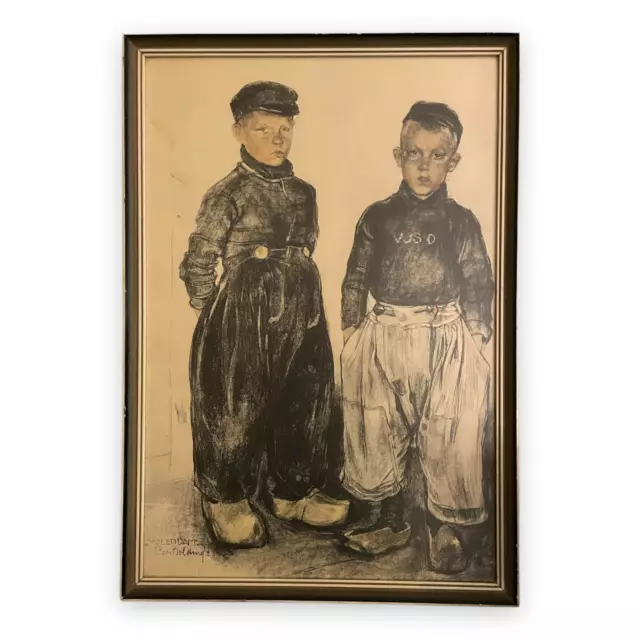 1920s Orig. Litho Cees "Two Dutch Boys" Bolding Volendam Holland B&W Handtinted