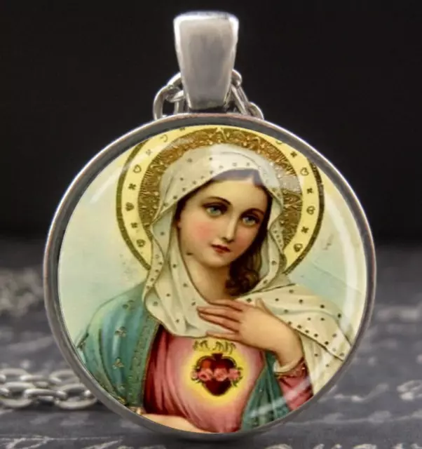 Vintage Madonna Immaculate Heart Mary Crown Figure Prayer Card Art Necklace New