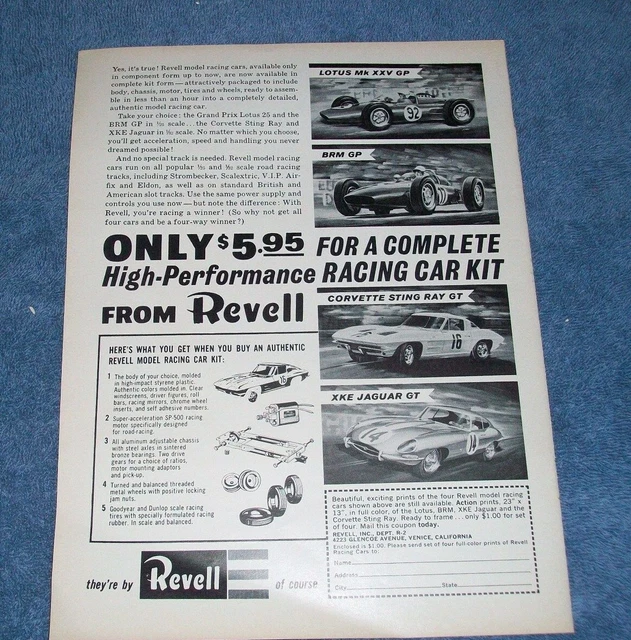 1964 1/32 REVELL Vintage Slot Car Kits Ad Lotus BRM GP Sting Ray Jaguar