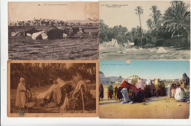 Lot de 4 cartes postales anciennes TUNISIE TUNISIA scène types campement nomades