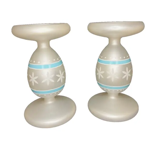Blown Glass White Candle Holders with Glittery White Snowflakes & Blue Stripe 8"