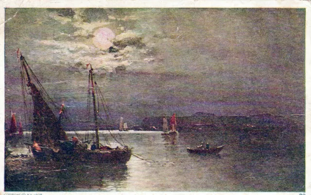 FISHING BOAT BY Moonlight Out On The Lake Posted Vintage Divided Back ...