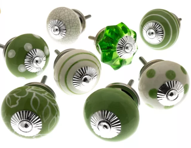 Cerámica y Cristal Perillas de Armario en Verde Brillante Diseños - Conjunto 8