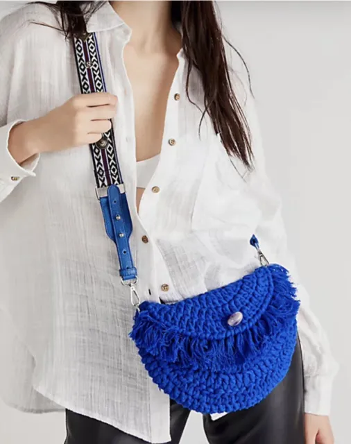 Free People Macrame Moon Crossbody Bag Strap Metal Concha Pieces Fringe Blue NEW