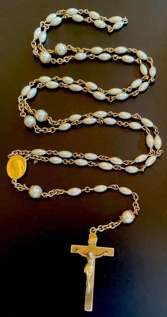 Disfraz Católico De Colección Perla 5 Décadas Rosario Tono Oro Crucifijo Italia