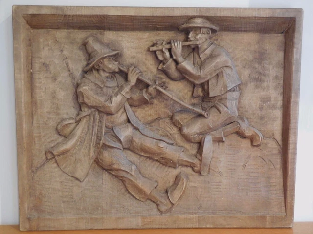 Antique HANDCARVED WOODEN  ART SCULPTURE PANEL signed R. MARKUS: FLUTE MUSICIANS