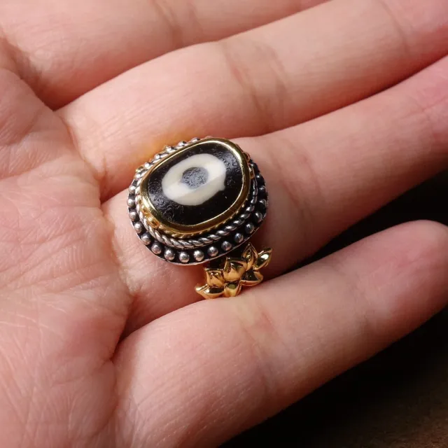 Ancient Tibetan DZI Beads Old Agate 1 Eye 925 Silver Gilding Amulet Ring #8352