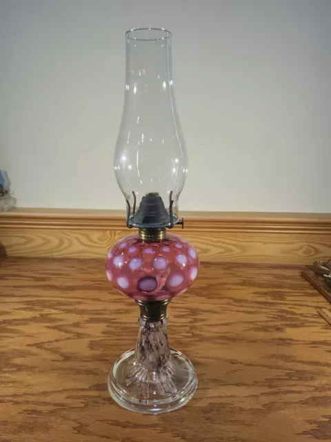 1890s Cranberry Hobbs Inverted Thumbprint Coin Dot Glass Oil Stand Lamp Light