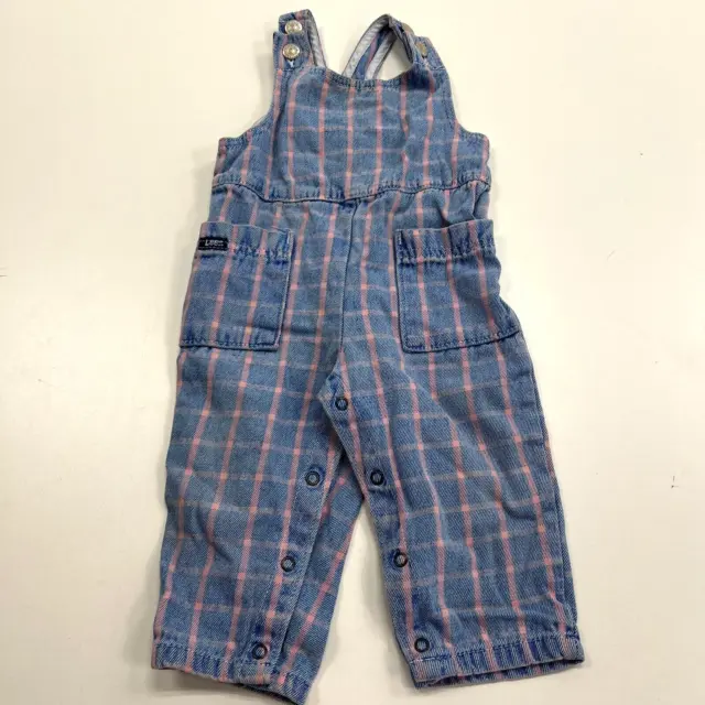 Vintage Lee Girls Blue Pink Check Plaid Denim Overalls Size 18 Months Union Made