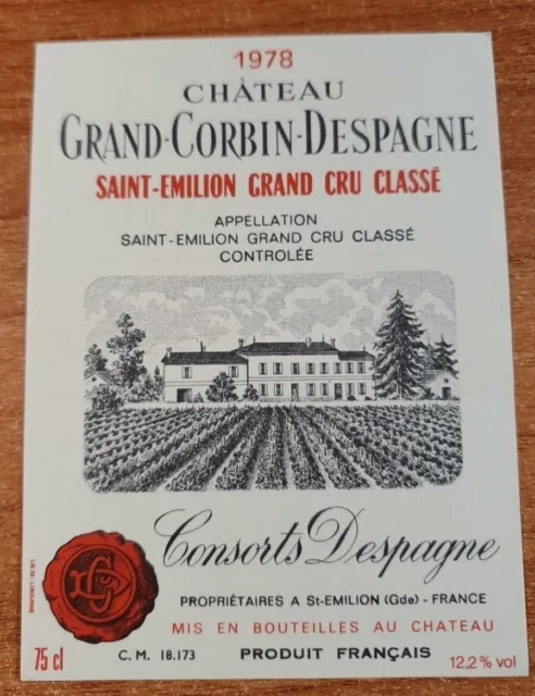 Etiquette de vin/ Wine Label GRAND CORBIN DESPAGNE 1978 neuve