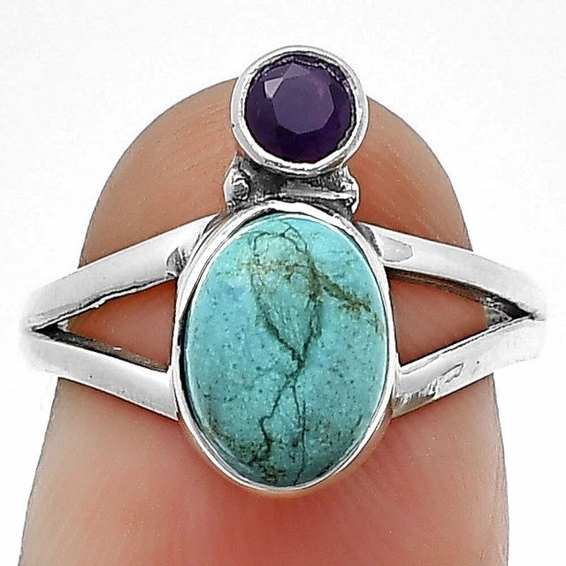 Natural Turquoise Morenci Mine & Amethyst 925 Silver Ring s.6 Jewelry R-1242
