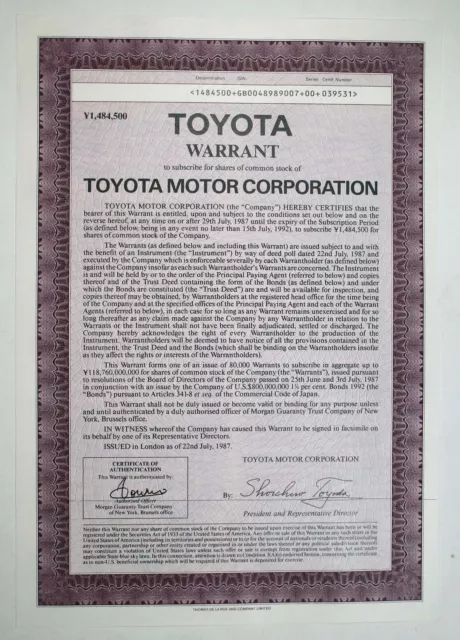 Japan. Toyota Motor Corp., 1987.  1,484,500 Yen Warrant Cert. XF-AU