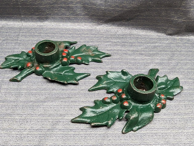 Pair Vintage Cast Iron Holly Leaf Berries Christmas Candle Holders Rustic Decor