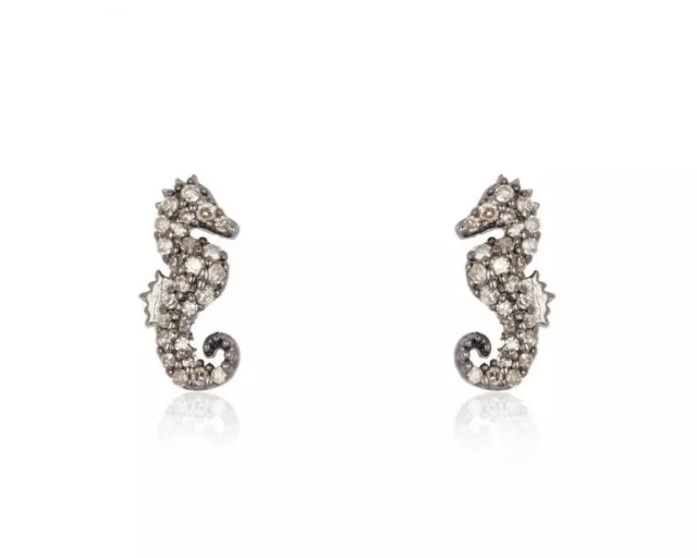 Natural Diamond 925 Sterling silver Sea Horse Stud Earring 14k gold plated Post