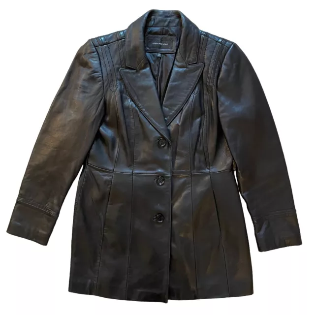 JONES NEW YORK Black Leather Coat Size Large Mid-Length Trench Vintage ...