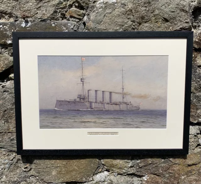 Freshly Framed Royal Navy HMS Drake Watercolour Painting by A.B Cull (d.1911)