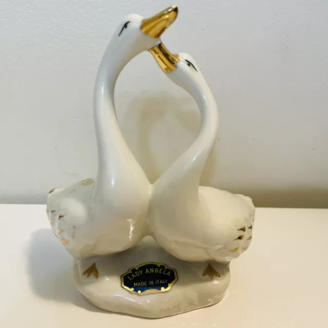 Vintage Kissing Swan Porcelain Figurine Capodimonte Made Italy Ivory Gold