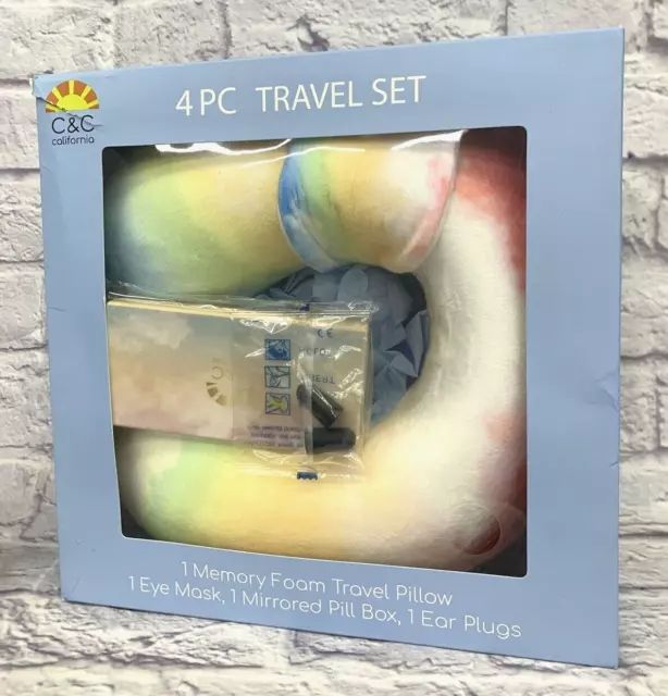 C & C California 4 Piece Travel Set Memory Foam Pillow Mask Pill Box Ear Plugs