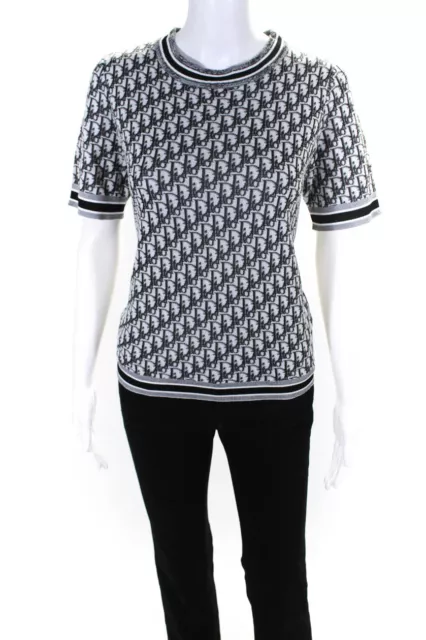 Christian Dior Womens Short Sleeve Knit Logo Tee Shirt Sweater Black Gray Size 4