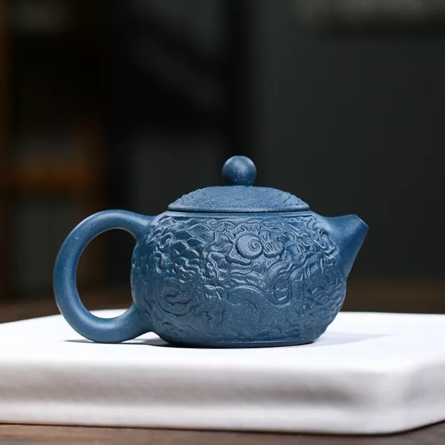 Collect Chinese Yixing Zisha Pottery Celeste Clay 160ML Dragon Grain Teapot 龙纹西施