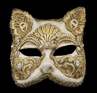 Mask from Venice Face Cat Gatto Paper Mache Macrame Golden 1751 VPM3