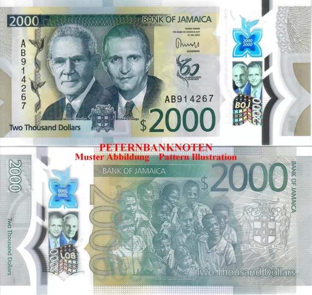 JAMAIKA / JAMAICA 2000 Dollars 2022 UNC P.100 Polymer 6001# Kassenfrisch..