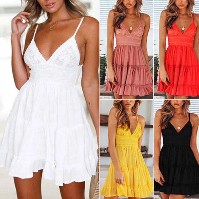 Women Boho V-Neck Lace Mini Dress Ladies Casual Holiday Summer Beach Sundress*US