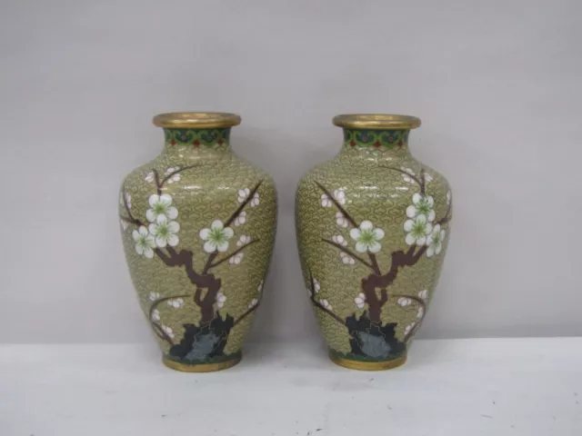 Set of 2 Vintage Chinese Cloisonne Enamel Brass Floral Vases