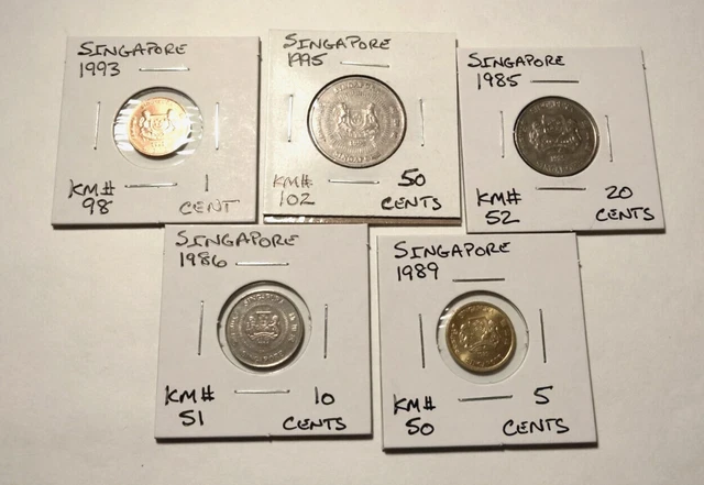 Singapore  5 Coin Lot - 1995   50 Cent Coin & more -  All in 2x2's -  (#CWC115)