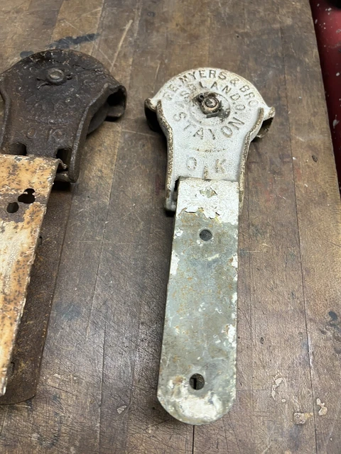 Antique Old Myers Stay On Ok cast iron Barn Door Rollers Hangers Pair Set USA 3