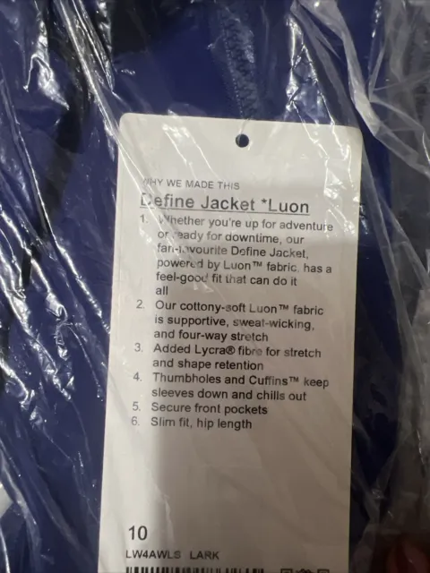 NWT Lululemon Size 4 Define Jacket Luon - Larkspur Blue