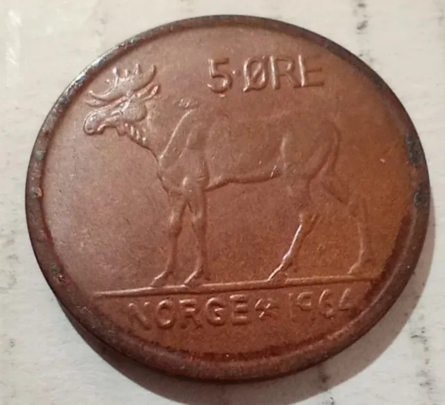 Norway 5 Ore coin 1964 KM#405 Eurasian Elk zoo Moose Scandanavian Europe Coin