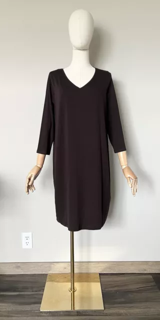 EILEEN FISHER Size LP Tencel Stretch Jersey Shift Dress V-Neck 3/4 Sleeve Brown 2