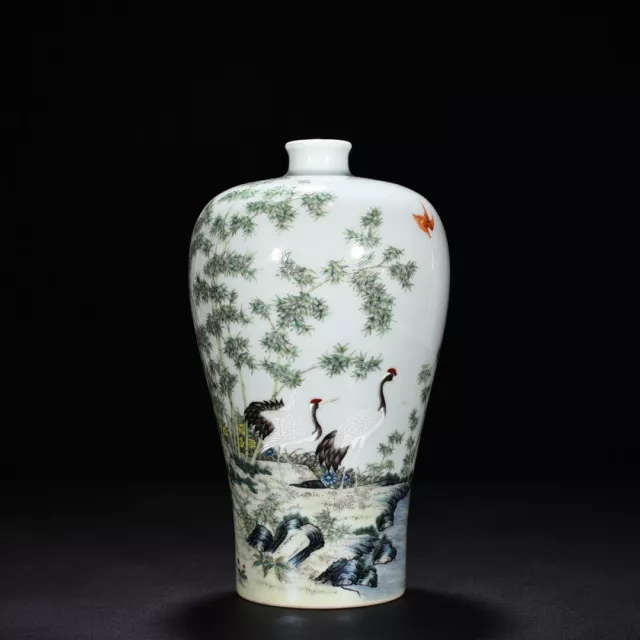 10.2" old antique qing dynasty yongzheng mark porcelain bamboo crane pulm vase